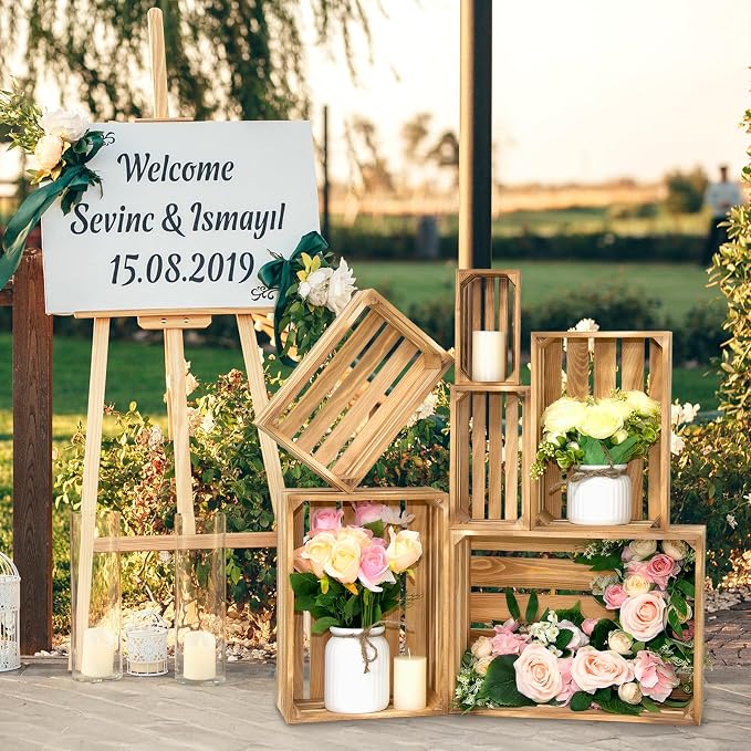 6 Pcs Wooden Crates for Display, Nesting Wood Crate for Storage, 6 Size | Farmhouse Weddings Wooden Basket for Storage Container and Decorations, Rustic Wood Crates for Farmers Market, Birthday, DIY