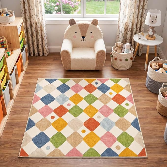 jinchan Macy Area Rug for Kids Room 4'x4' Square Rug Modern Colorful Nursery Rug Checkered Diamond Play Mat Washable Soft Non Slip Carpet for Entryway Bedroom Playroom Dorm Daycare Circus on Cream