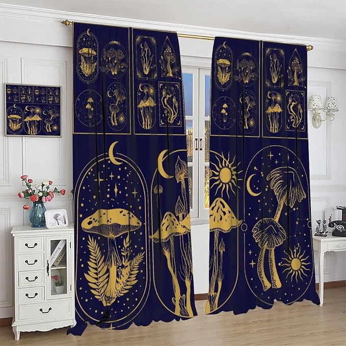Mushroom Curtains,Boho Style Mystical Plant Sun Moon Print Window Treatments for Bedroom Living Room Kitchen Purple Herbs Window Drapes 2 Panels Set,Total Size 63 x 72 Inch