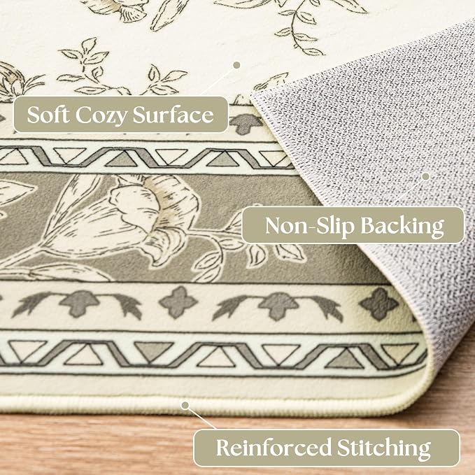 Beige and Taupe Farmhouse Washable 9x12 Area Rugs for Living Dining Room Bedroom Office Kitchen Table Large Rug for Under Table, Light Tan Cream Khaki Sketch Pattern Floral Vintage Boho Home Decor