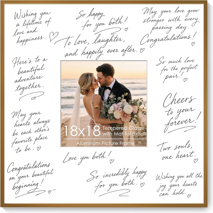Signature Picture Frame 18x18, Aluminum Signable Frame with Glass, Bronze | Warm Bronze Signable Frame with 8x8 for Wedding, Graduation, Birthday & Baby Shower Guest Book| Real Glass & Wall Kit