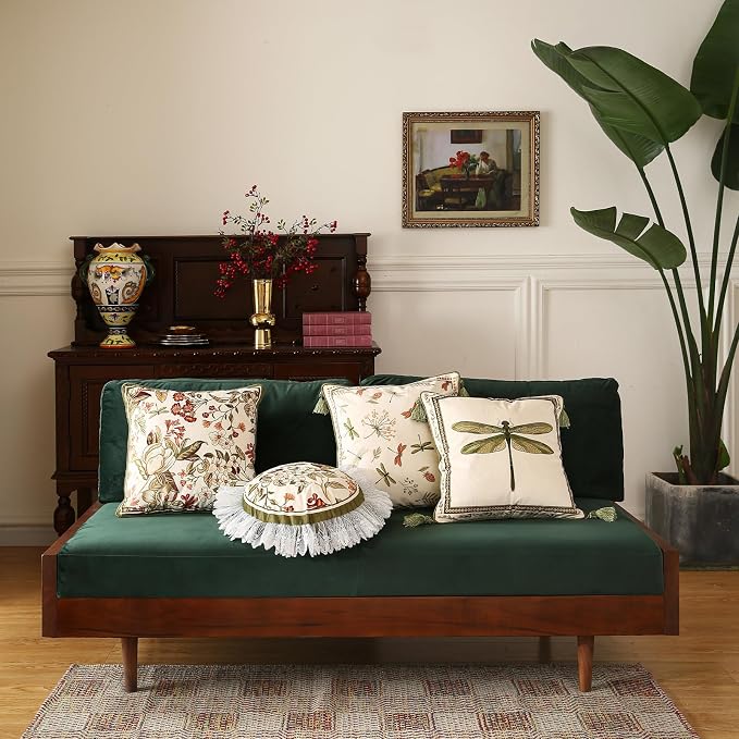 ISAENNE Designer Vintage French Velvet Throw Pillow Cover,18"x18"-Grace C | Pillow Cover,Concealed Zipper Design,Dragonfly Pattern,Sofas,Bedroom,Living Room,Lounge Chairs,All Season Home Decor