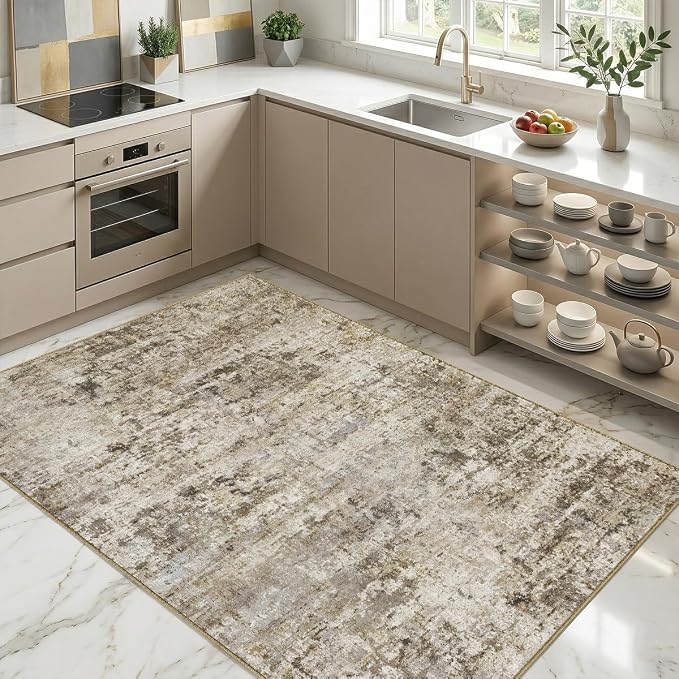 4x6 Area Rugs Washable Living Room Rug-No Slip Soft Carpets Modern Abstract Indoor Floor Stain Resistant Carpet for Bedroom Dining Room Farmhouse Nursery Home Office Brown