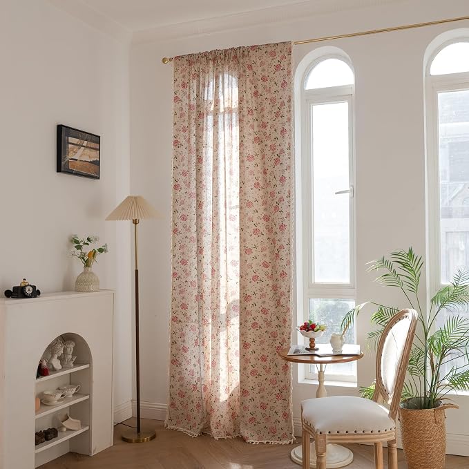 OYX Boho Curtains 63 Inch Length 2 Panels for Living Room, Bedroom Light Filtering Drapes, Farmhouse Vintage Country French Rustic Tassels Pattern Rod Pocket Aesthetic Decor Window Treatments