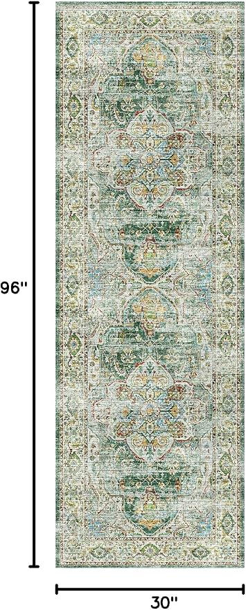 Madane Kitchen Runner 2'6''x8' Soft Rug Runners for Hallways, Green | Vintage Machine Washable Printed Rugs 2.5x8 Ft, Non-Slip Low Pile Stain-Resistant 8ft Floor Carpet for Laundry Room, Corridor