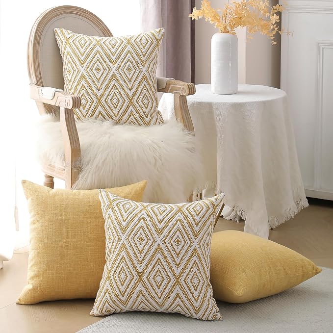HPUK Throw Pillow Covers 18x18 Inch Set of 4, Linen Decorative Pillow Covers, Accent Cushion Covers for Couch Sofa Bed Bedroom Living Room Décor, Ochre