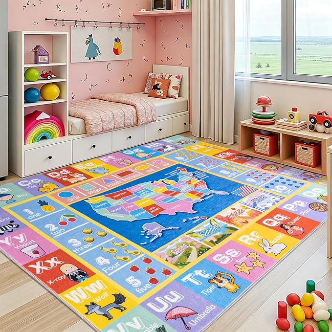 Kids Rugs for Playroom - Soft & Non-Slip 7x9 Feet Educational Rug for Learning ABC Alphabet, Numbers, Shapes & Map, Washable Classroom Rug for Bedroom Nursery & Kids Room Decor