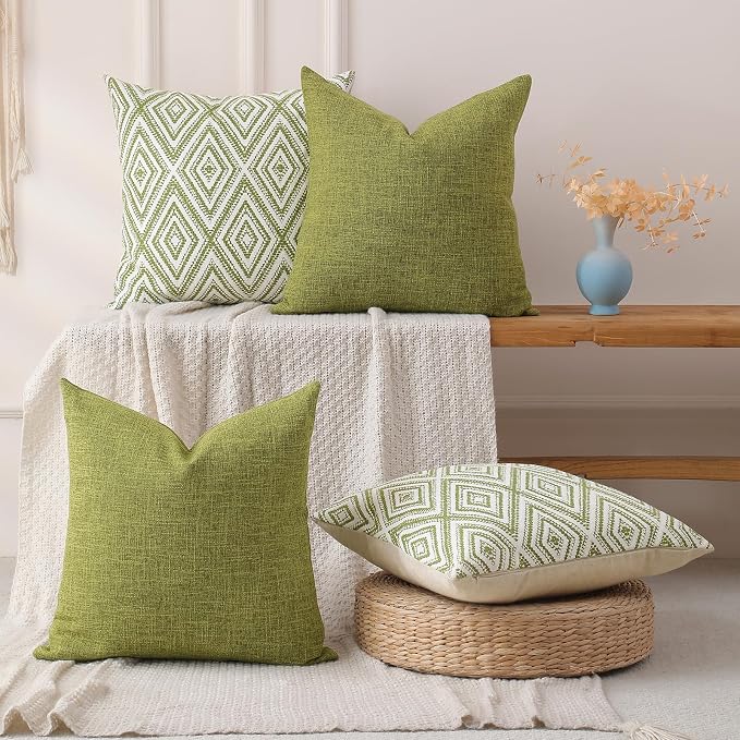 HPUK Throw Pillow Covers 18x18 Inch Set of 4, Linen Decorative Pillow Covers, Accent Cushion Covers for Couch Sofa Bed Bedroom Living Room Décor, Green