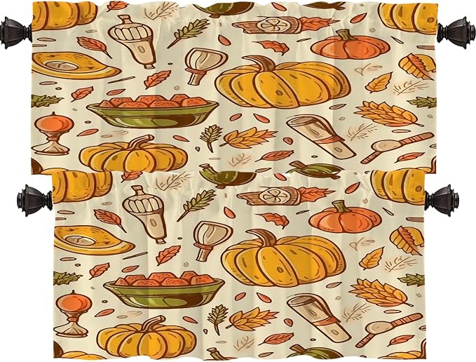 Shrahala Thanksgiving Seamless Pattern Blackout Short Curtains for Windows, Pumpkin Apple Pear Leaves Kitchen Valance Thermal Insulated Rod Pocket Window Treatment for Bathroom 2 Pack 52 X 16 in