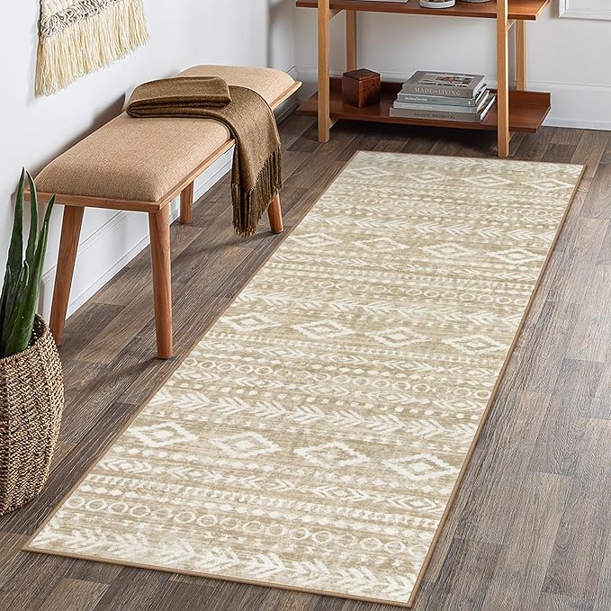 Lahome Boho Geometric Washable Runner Rug, 2x6 Low-Pile Tan Long Bathroom Runner Rug Non Slip Washable, Rustic Print Pattern Soft Bedroom Carpet Runner 6ft for Entryway Laundry Room Varena