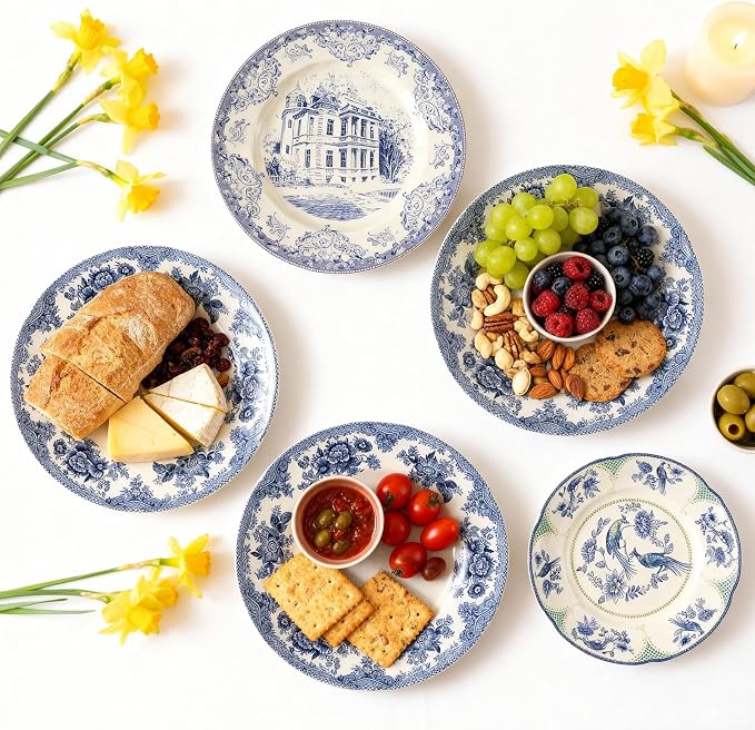 5 Pcs Coastal Vintage Ceramic Wall Plates Set, Blue and White Decoration Hanging Plates with Botanical Patterns, Holland Vintage Gifts for Wall, Home Office Art Ornament(Architecture)