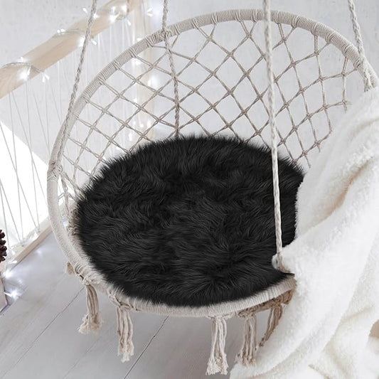 15.7 Inches Mini Black Round Faux Fur Sheepskin Area Rug, Fluffy Small Circle Rugs Cushion for Chair, Furry Carpet for Nail Desk, Shaggy Circular Rug Plush Rug