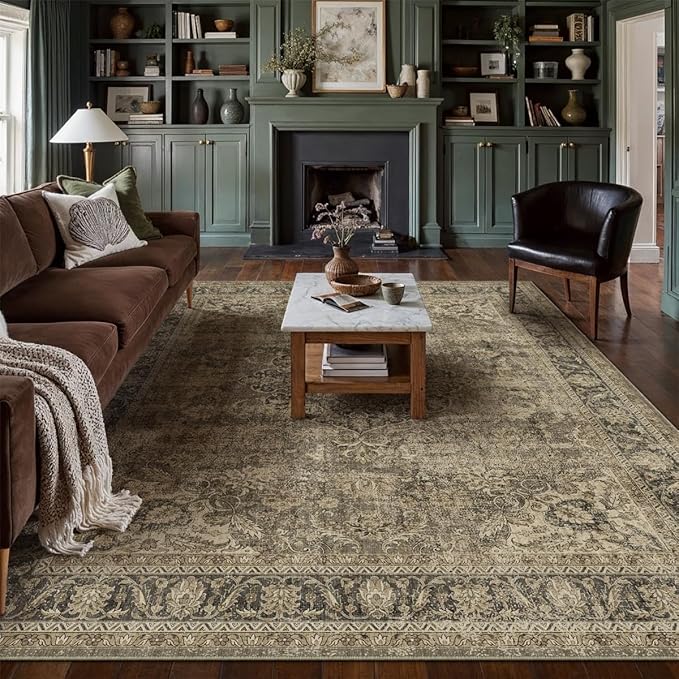 8x10 Washable Area Rug Brown Vintage Non Slip Soft Medium Pile Rug for Living Room Bedroom Dining Room Office Distressed Oriental Indoor Large Throw Carpet for Home Decor
