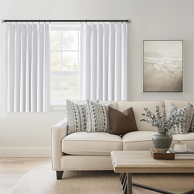 ChrisDowa White Pinch Pleated Blackout Linen Curtains 54 inches Long 2 Panels for Living Room Bedroom Farmhouse Room darking Thermal Insulated Back Tab Hooks Rings Window Treatment Drapes,40x54