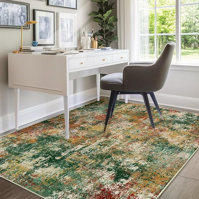 RELEANY Washable Area Rugs 6'x9' Non-Slip Modern Abstract Soft for Living Room Entryway Bedroom Kitchen, Print Pattern, Green Orange Rust Red Cream Colorful