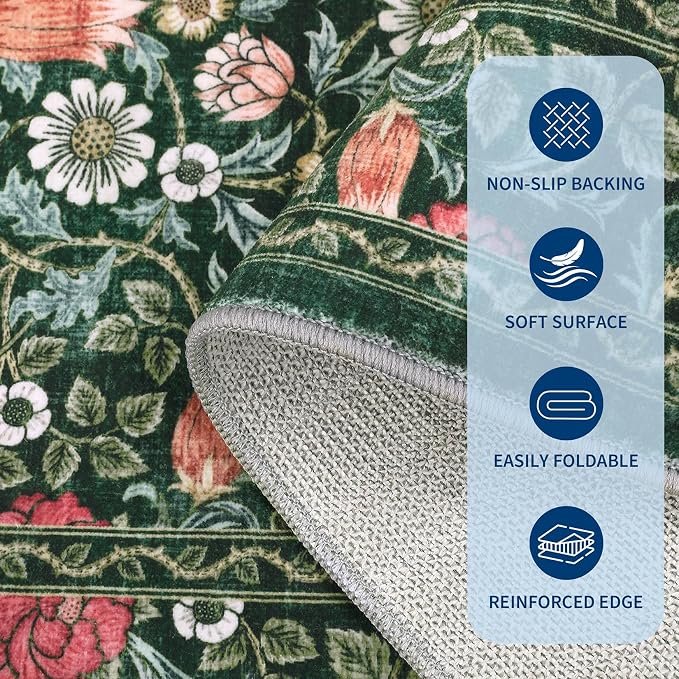 GarveeHome Green Vintage Floral Washable 6x9 Area Rugs for Living Room Boho Botanical Retro Rug Low Pile Stain Resistance Non Slip Carpet for Bedroom Nursery Dining Room