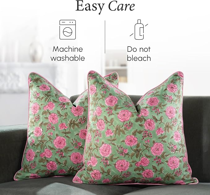 CPC 100% Cotton Throw Pillow Covers 18x18 Inch, Set of 2 Pink Block Print Pattern Couch Pillow, Cute Boho Decorative Pillows for Living Room, Bedroom with Hidden Zipper- Pink Tourmaline