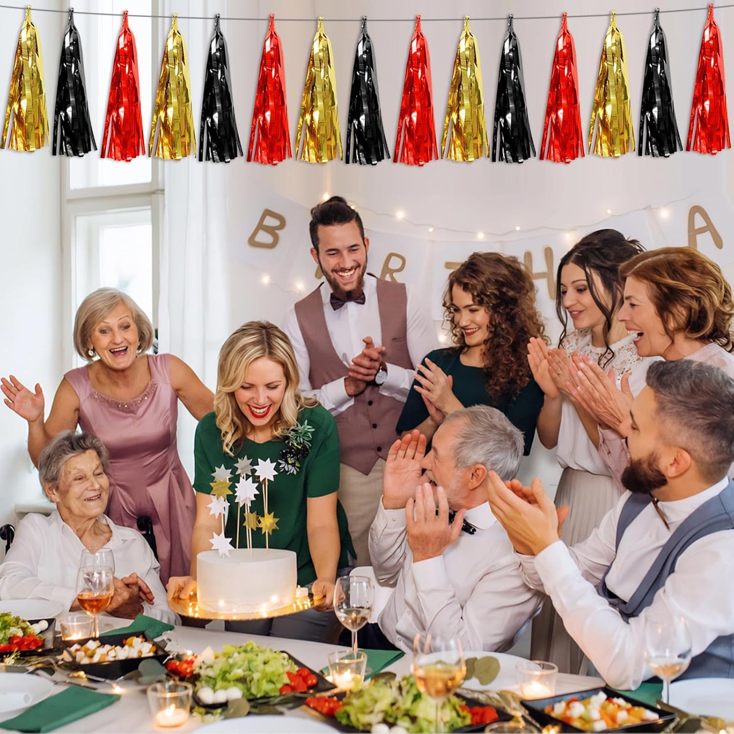 3P Black-Red Gold Foil Fringe Metallic Tassel Garland, Tassels Banner Streamers for Parade Floats, Bachelorette, Wedding, Birthday, Halloween, Christmas, Bridal/Baby Shower Party Decorations