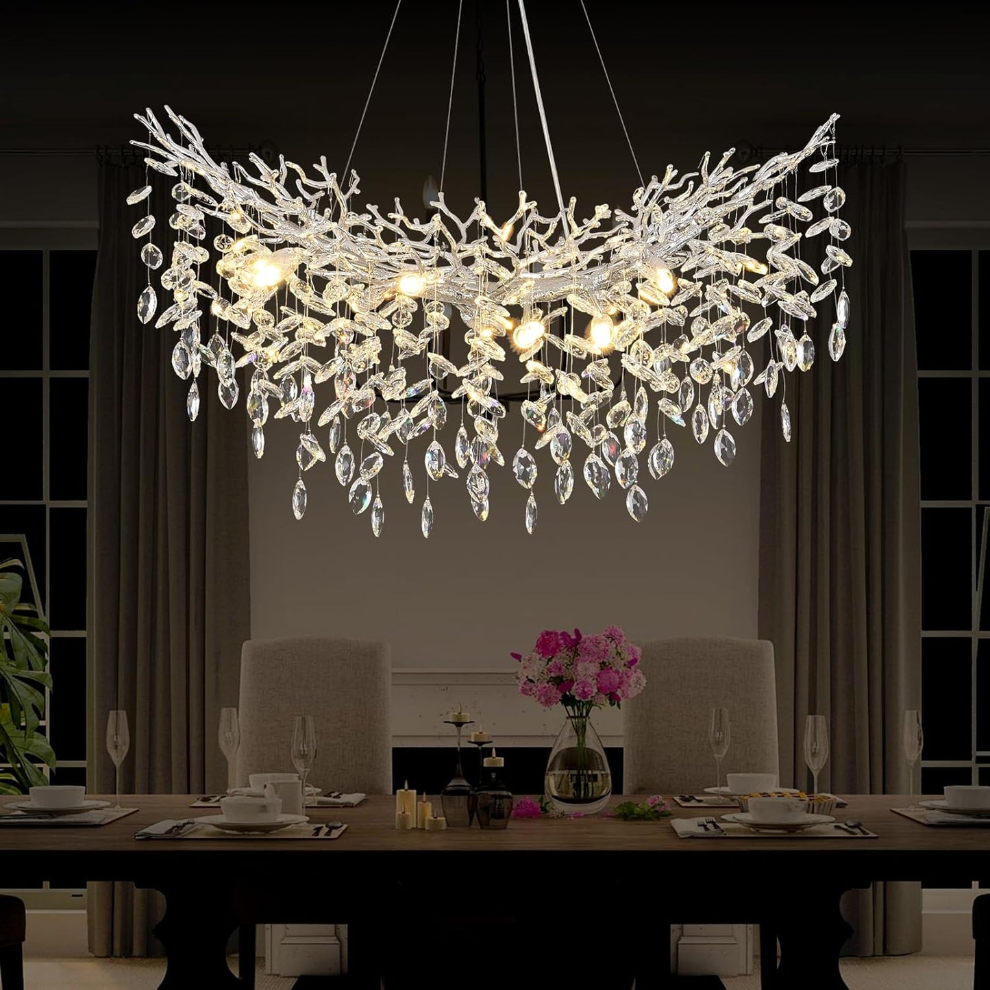 Modern Crystal Silver Chandelier, 36" Large Rectangular Oval Tree Branch Crystal Chandeliers for Dining Room,16-Light Flush Mount K9 Crystal Chandeliers, for Kitchen Island,Dining Room