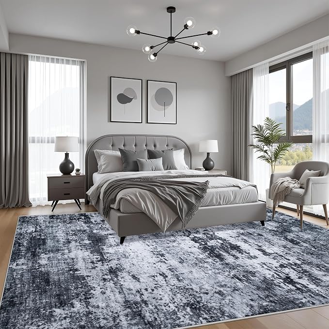 6x9 Area Rug Living Room Rug: Washable Modern Abstract Soft Thin Rug Indoor Floor No Slip Stain Resistant Carpet for Bedroom Dining Room Farmhouse Nursery Home Office - Black