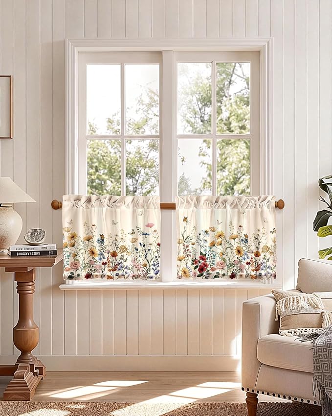 Miss Adola Floral Kitchen Tier Curtains - 18 Inch Length Linen Blend Farmhouse Cafe Curtains Vintage Small Window Treatments Over Sink Rod Pocket for Bathroom Living Room Light Filtering, 2 Panels