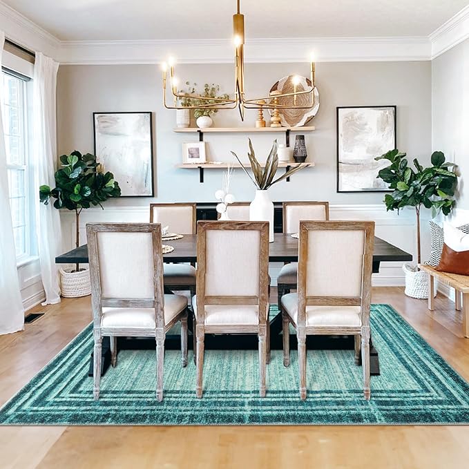 Lahome Amabel Modern Abstract 6x9 Area Rugs for Living Room, Washable Teal Bedroom Rug 6x9 Non Shedding, Low-Pile Soft Minimalist Bordered Indoor Large Carpet for Dining Room Playroom