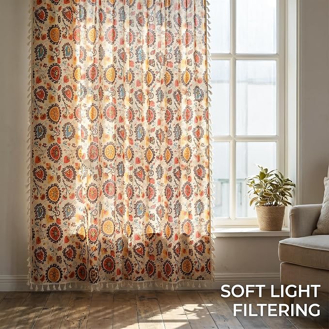 VOGOL Vibrant Boho Curtains, Red Sun Disc Mandala Floral Drapes to Brighten Your Living Room, European Ethnic Style Textured Fabric with Tassels, 59"x79", 1 Panel