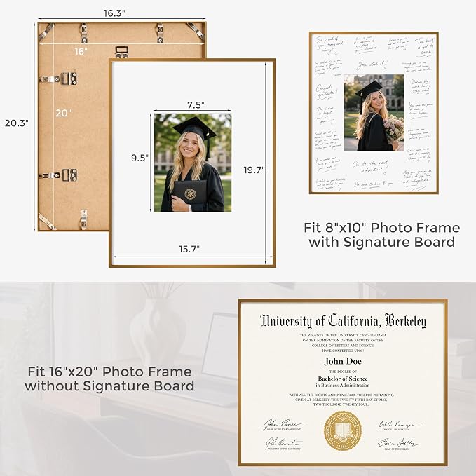 Signature Picture Frame 16x20, Aluminum Signable Frame with Glass, Bronze | Warm Bronze Signable Frame with 8x10 for Wedding, Graduation, Birthday & Baby Shower Guest Book| Real Glass & Wall Kit
