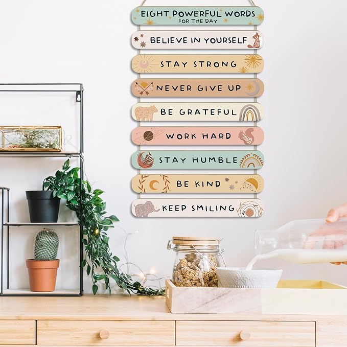 MONALET Boho Inspirational Motivational Wall Art Decor for Classroom Girls Dorm Bedroom Therapy Office, Positive Affirmations Hanging Wood Signs Decorations, 8 Powerful Words Wooden Plaque, 12x19