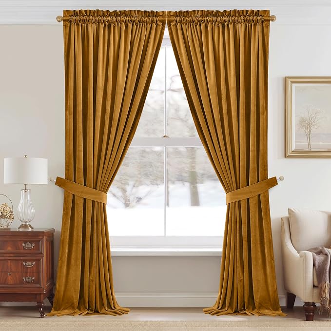 StangH Mustard Gold Velvet Curtains Stylish Autumn Thermal Insulated Drapes for Living Room, Soft Light Blocking Curtains for Bedroom, Vibrant Home Decor, W52 x L94, 2 Panels