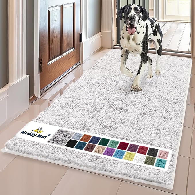 Muddy Mat® | Super Water Absorbent Door Mat Indoor, Microfiber Quick Dry Chenille Entryway Rug, Slip Resistant Front Door Mat, Indoor Mats for Entryway, Machine Washable Pet Rug, White 24" x 120"