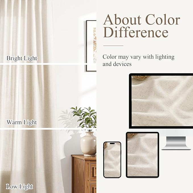 Aersas Boho Linen Curtains 120 Inches Length for Living Room Flax Texture Wave Fabric Semi Sheer with Rod Pocket Back Tab for Bedroom Balcony Light Filtering Neutral Home Decor 52x120