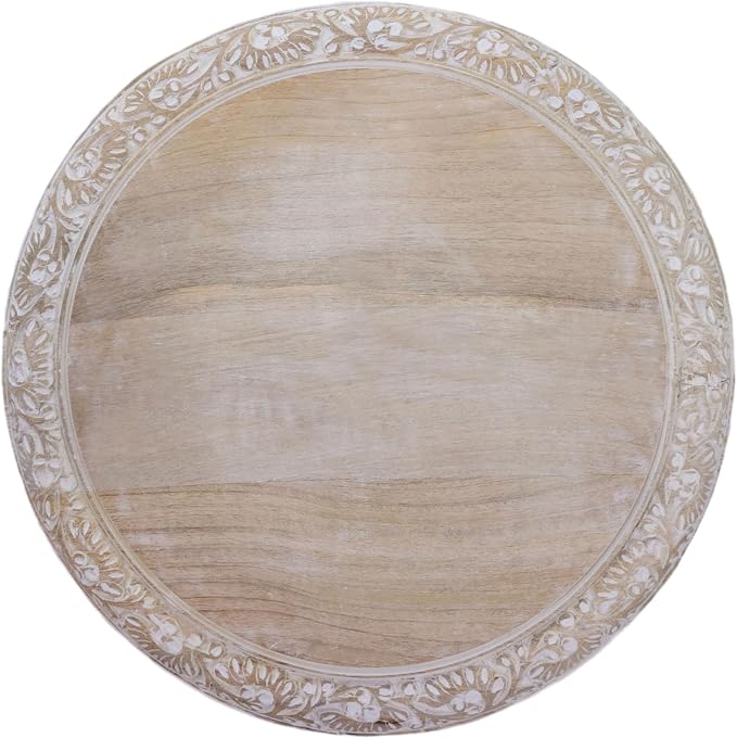 COTTON CRAFT Solid Wood End Table - Hand Carved Vintage Boho Folding Accent Side Table - Small Spaces - Entryway Farmhouse Living Room Bedside - No Tools Assembly - 18x18 Round - White Wash