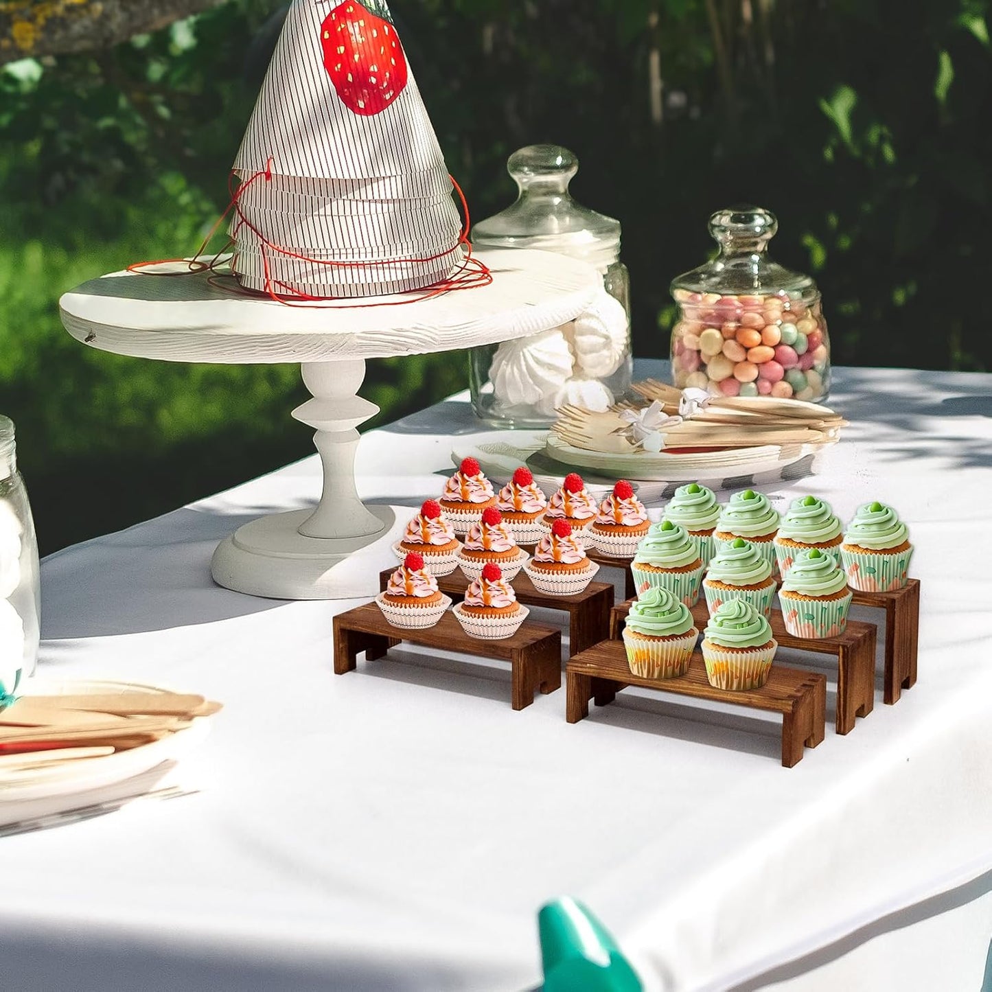 Display Wood Risers Wooden Stand 3 Tier 4 Set 12 Pieces Tiered Desert Wooden Stands Decorative Rectangular Display Cupcake Stands Cologne Perfume Racks(Brown)