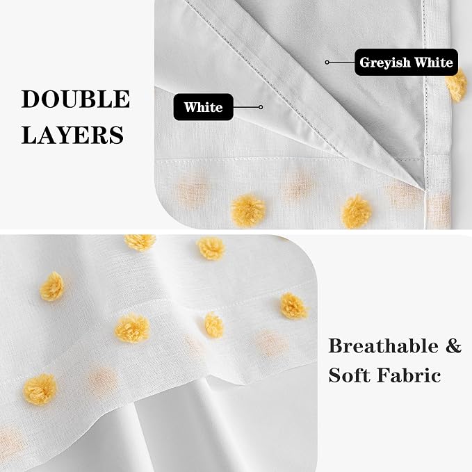 MEETSKY 100% Blackout Curtains for Girls Bedroom 84 Inches Length Total Light Blocking White and Yellow Curtains for Kids,Grommet Room Darkening Window Drapes with Pom Pom Sheer 52W x 84L, 2 Panels