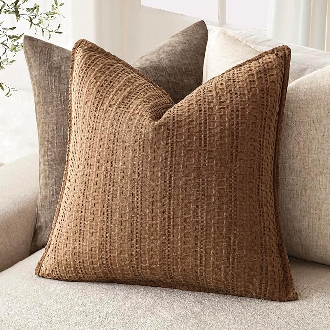 Foindtower Set of 2 Decorative Cotton Waffle Weave Throw Pillow Covers Euro Shams Cushion Covers Accent European Pillowcase for Bed Couch Sofa Bedroom Living Room Home Decor 24×24 Inch Orange Brown