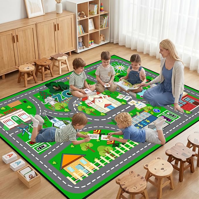 Car Rug Play Mat 6x9 Feet - Green Road Rug for Kids Boys Room, Fun Race Track Traffic Road Carpet for Boys Playmat Educational Learn, Car Carpet for Kids Room Decor Playmat Bedroom Playroom