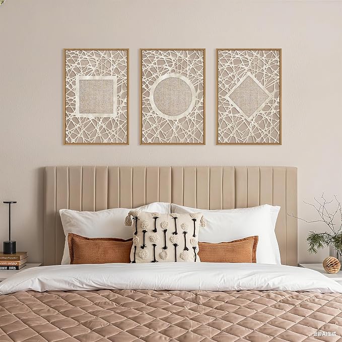 Large Abstract Boho Neutral Shapes Framed Canvas Wall Art,Modern Geometric Circle Square Rhombus Wall Decor,Mid Century Artwork for Living Room,Bedroom,Office-16 x24 x3