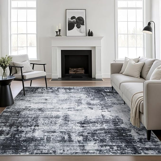 4x4 Area Rug Living Room Rug: Washable Modern Abstract Soft Thin Rug Indoor Floor No Slip Stain Resistant Carpet for Bedroom Dining Room Farmhouse Nursery Home Office - Dark Black