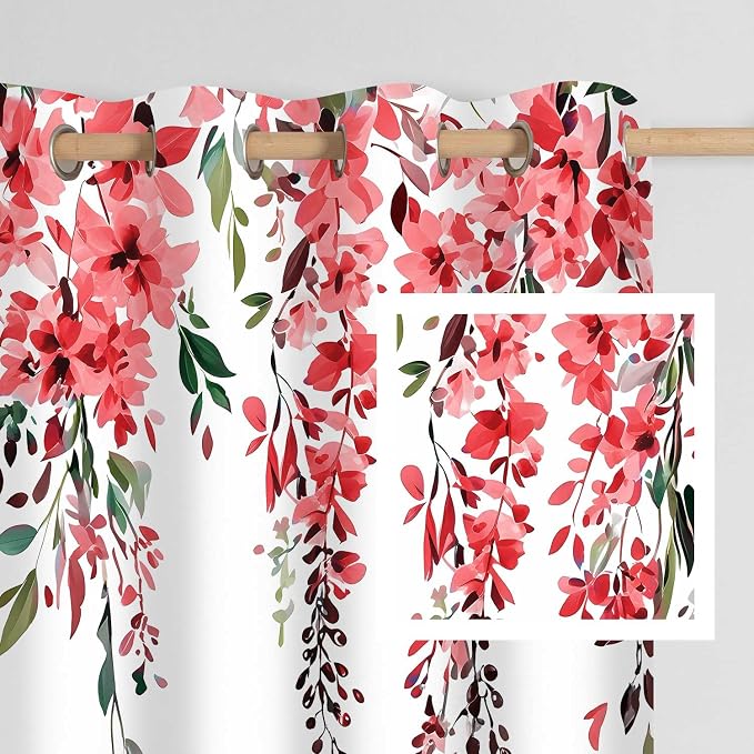 Red Watercolor Floral Curtains, Botanical Leaves Vine Flowers Curtain, Rustic Farmhouse Flower Leaf Blackout Window Treatment Drapes for Bedroom Living Room 52x72 inch, 2 Panels
