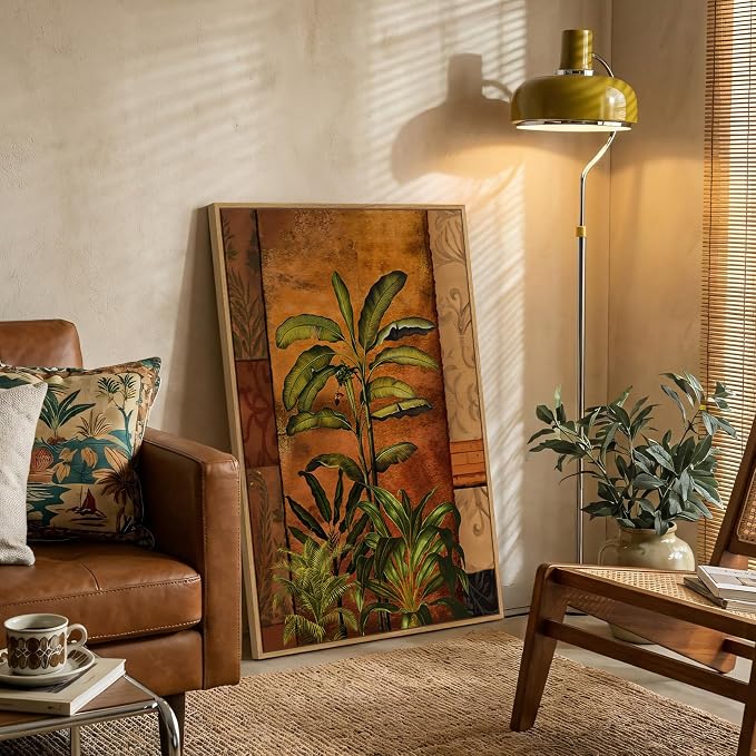 Framed Boho Tropical Botanical Wall Art for Living Room, Brown Green Plant Leaf Paintings Prints Canvas Artwork for Walls, Vertical Mid Century Modern Wall Decor for Bedroom Kitchen Home, 24x36 Inch