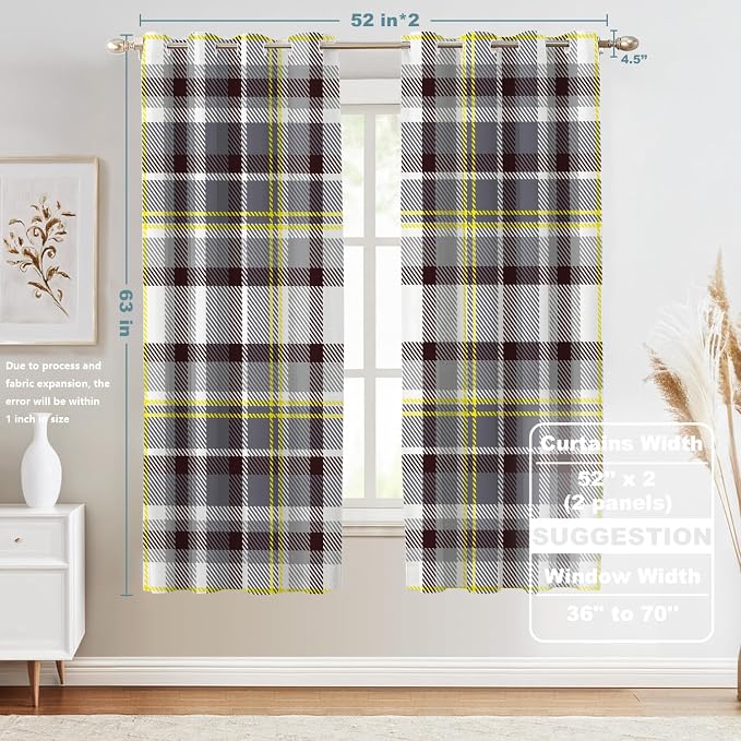 Shrahala Grunge Vintage Art Plaid Blackout Window Curtains, Tartan Grey Thermal Insulated Curtains Grommet Top Window Drapes for Living Room, Bedroom (2 Panels,52 x 63 in)