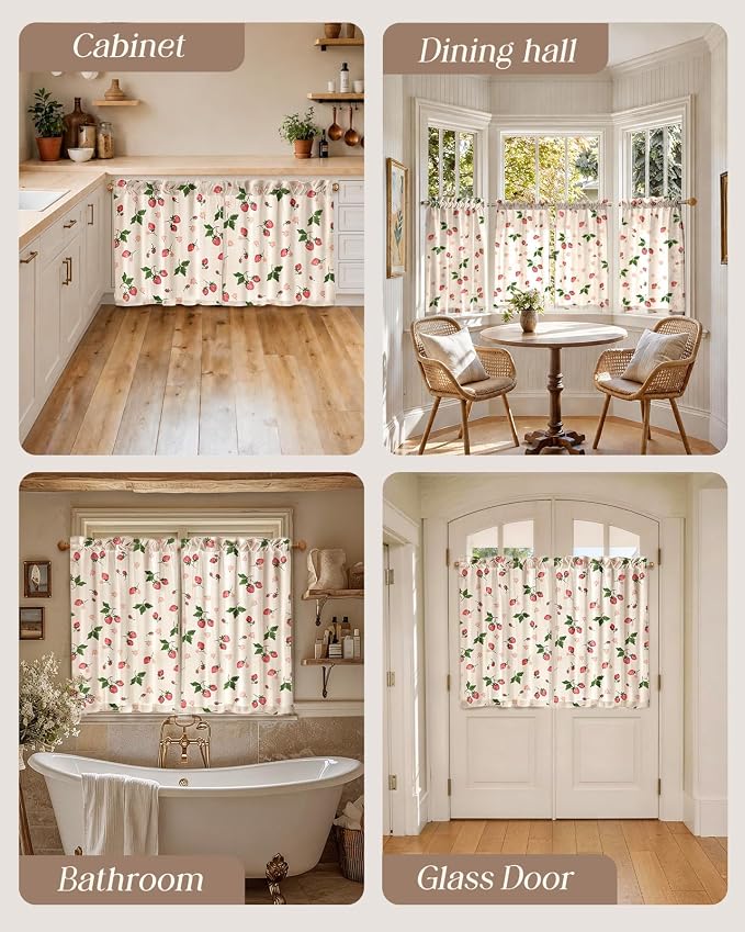 Miss Adola Farmhouse Kitchen Tier Curtains - 36 Inch Length Linen Blend Country Cafe Curtains Strawberry Small Window Treatments Over Sink Rod Pocket for Bathroom Living Room Light Filtering, 2 Panels