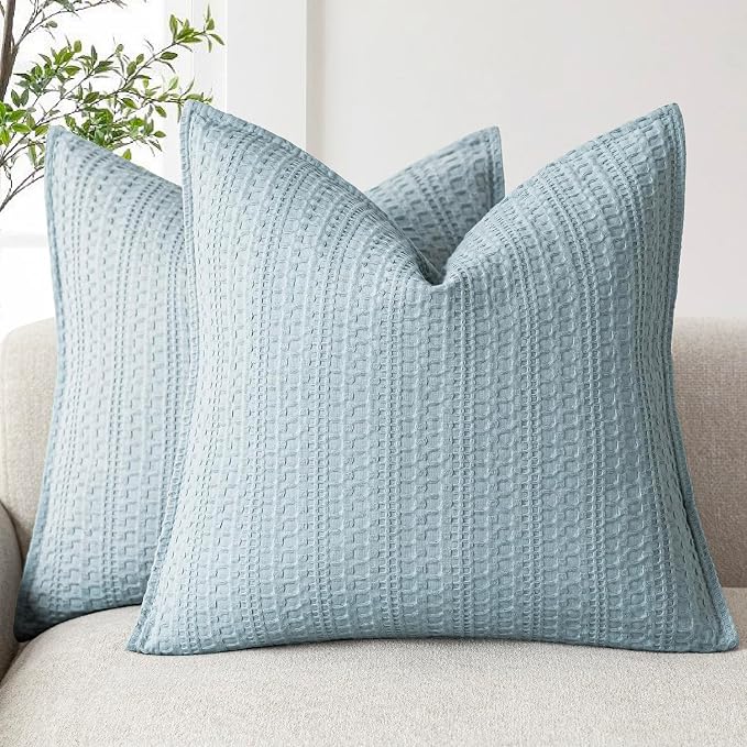 Foindtower Set of 2 Decorative Cotton Waffle Weave Throw Pillow Covers Euro Shams Cushion Covers Accent European Pillowcase for Bed Couch Sofa Bedroom Living Room Home Decor 18×18 Inch Light Blue