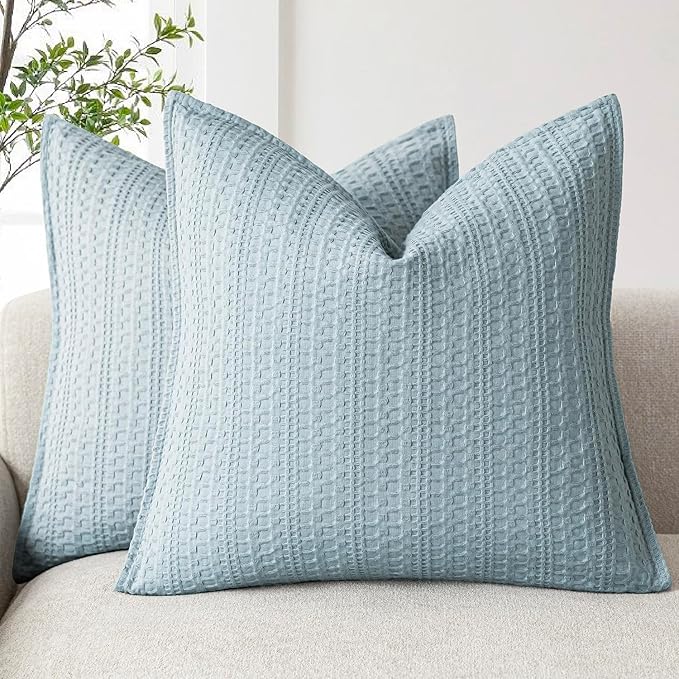 Foindtower Set of 2 Decorative Cotton Waffle Weave Throw Pillow Covers Euro Shams Cushion Covers Accent European Pillowcase for Bed Couch Sofa Bedroom Living Room Home Decor 26×26 Inch Light Blue