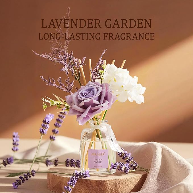 Airkeep Flower Reed Diffuser Set, Lavender Garden Diffuser Gift Set,4.06 fl oz Essential Oil Sticks Diffusers for Bathroom Air Freshener, Aromatherapy Home Fragrance for Shelf Decor, Gift for Women