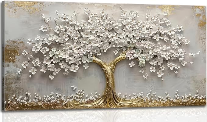 Large Tree of Life Canvas Wall Art Gold and White Flower Big Tree Painting Picture Wall Decor Botanical Floral Poster Print Artwork for Living Room Dining Bedroom