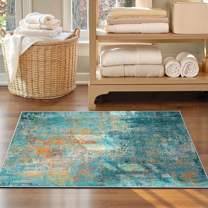 RELEANY Washable Area Rugs 2'x3' Non-Slip Modern Abstract Soft for Living Room Entryway Bedroom Kitchen, Print Pattern, Teal Blue Green Orange Rust Red Coloreful