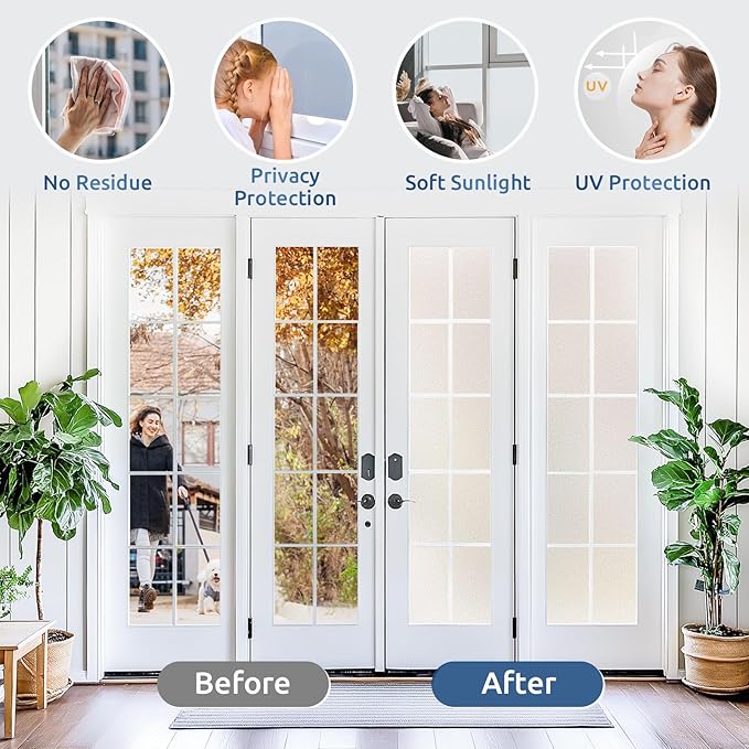 rabbitgoo Window Privacy Film for Glass Windows with Kit Decorative Clings UV Blocking Heat Control Static Cling Removable Bathroom Bedroom Door Home Coverings Pure, 23.6 x 118.1 inches