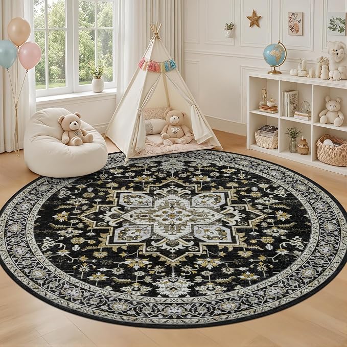Round Area Rug for Living Room: 6ft Washable Vintage Boho Soft Thin Circle Rug Indoor Floor No Slip Stain Resistant Carpet for Bedroom Dining Room Farmhouse Nursery Home Office -Black Gold